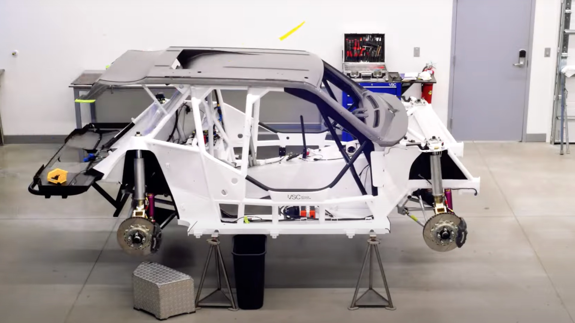 Travis Pastrana's Subaru Family Huckster Gymkhana car being assembled