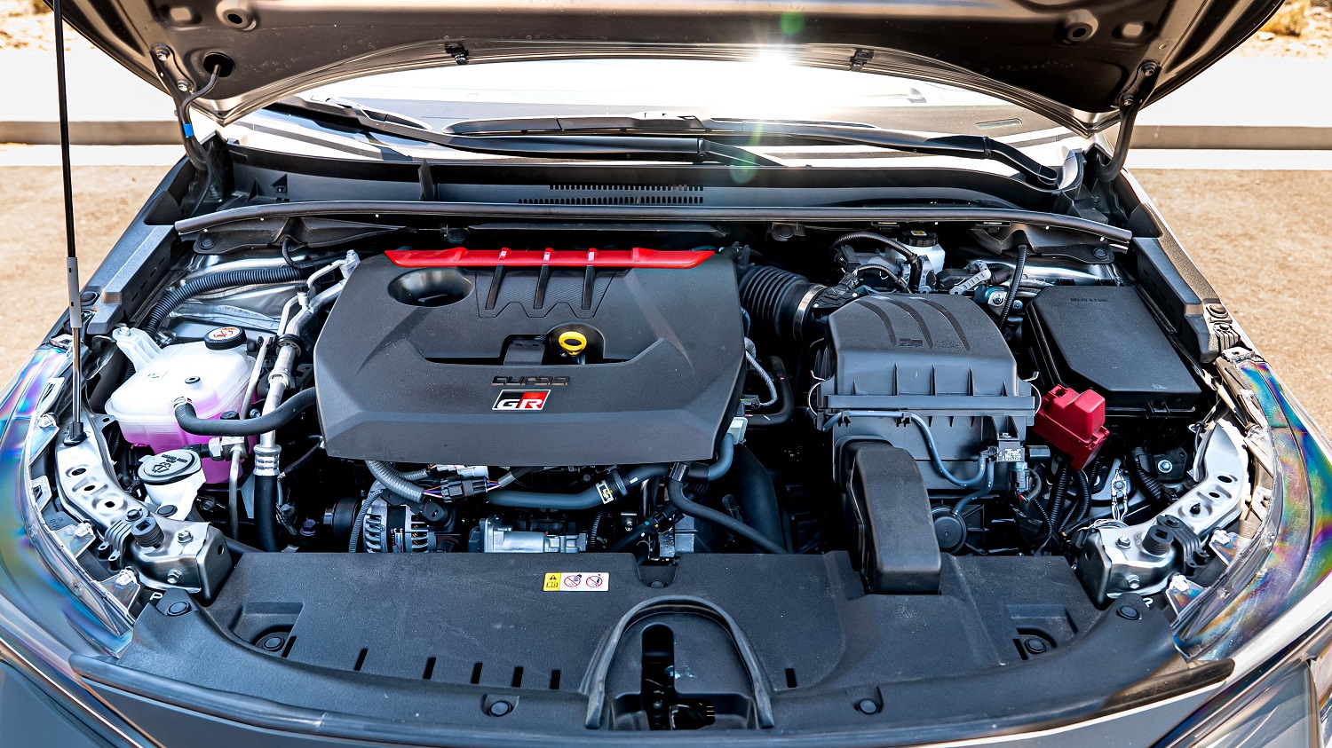 The engine bay of a 2025 Toyota GR Corolla Premium Plus