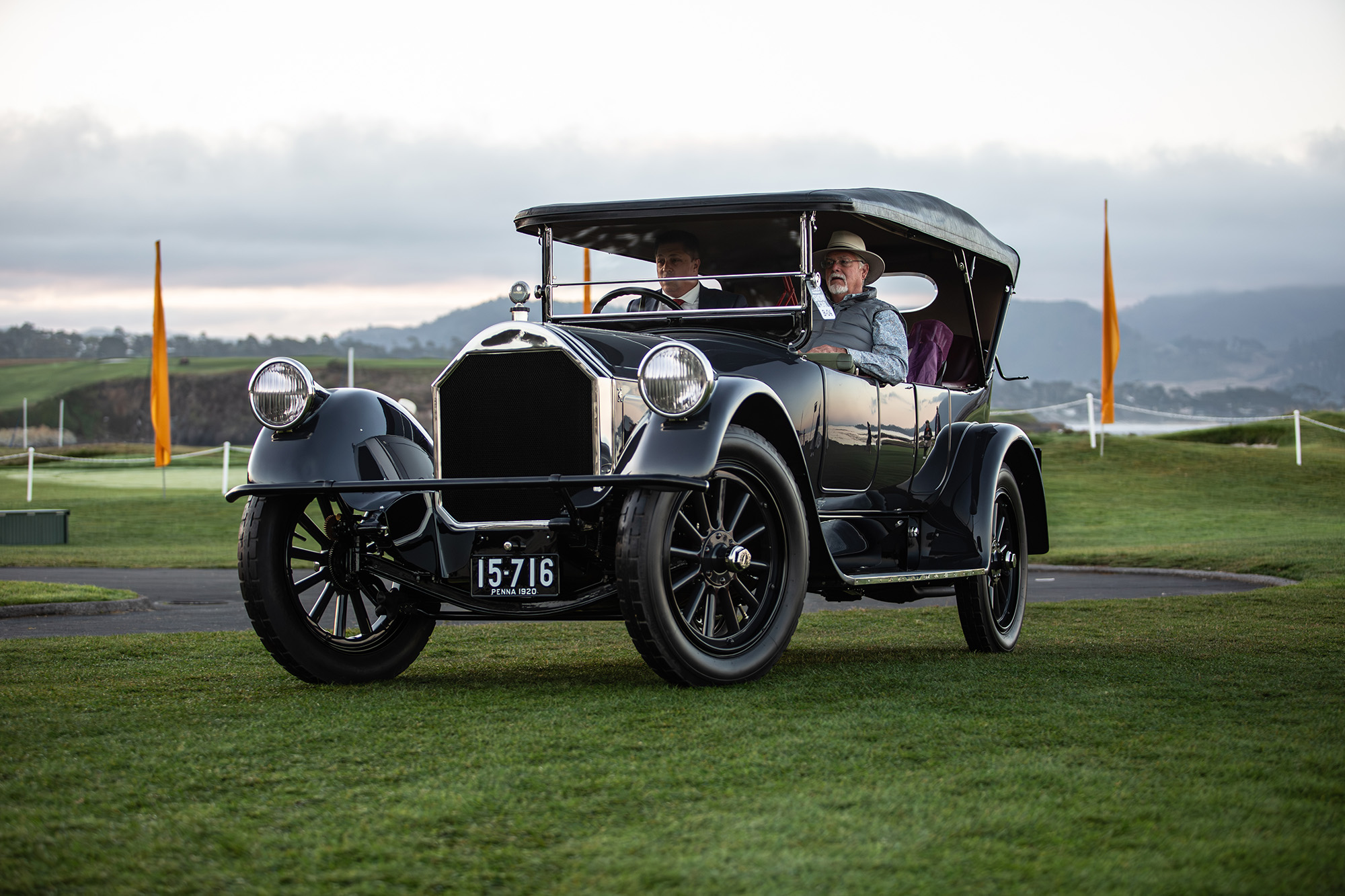 1920 Pierce-Arrow 51 Six-Passenger Touring, front quarter, top up, on the grass at Pebble Beach Concours