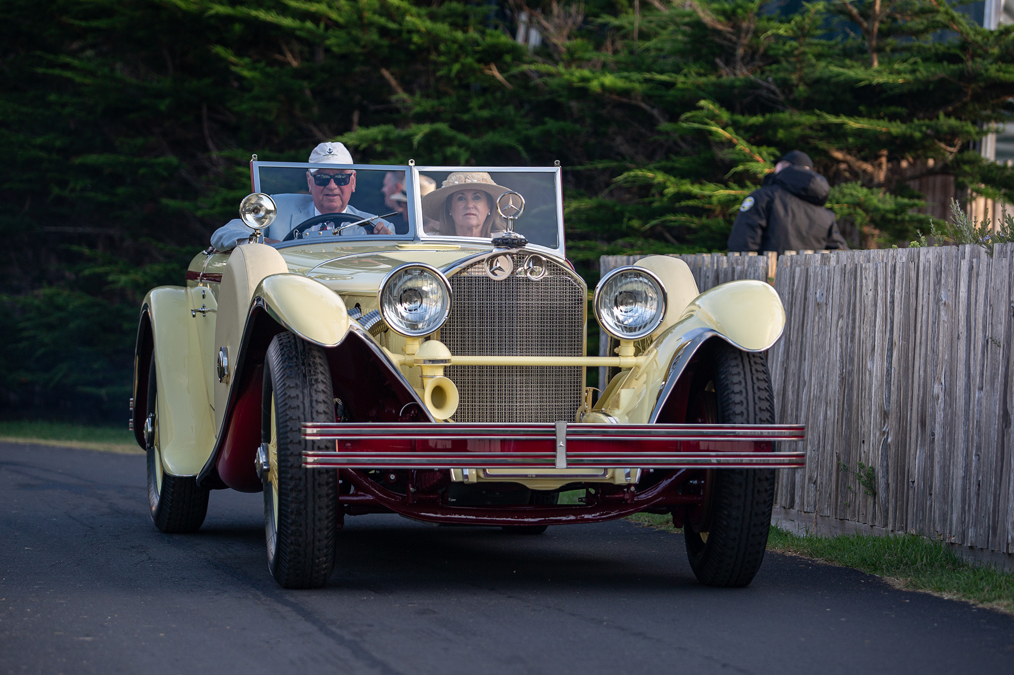1928 Mercedes-Benz 680S Saoutchik, front end, entering the show field at Pebble Beach via paved cart path