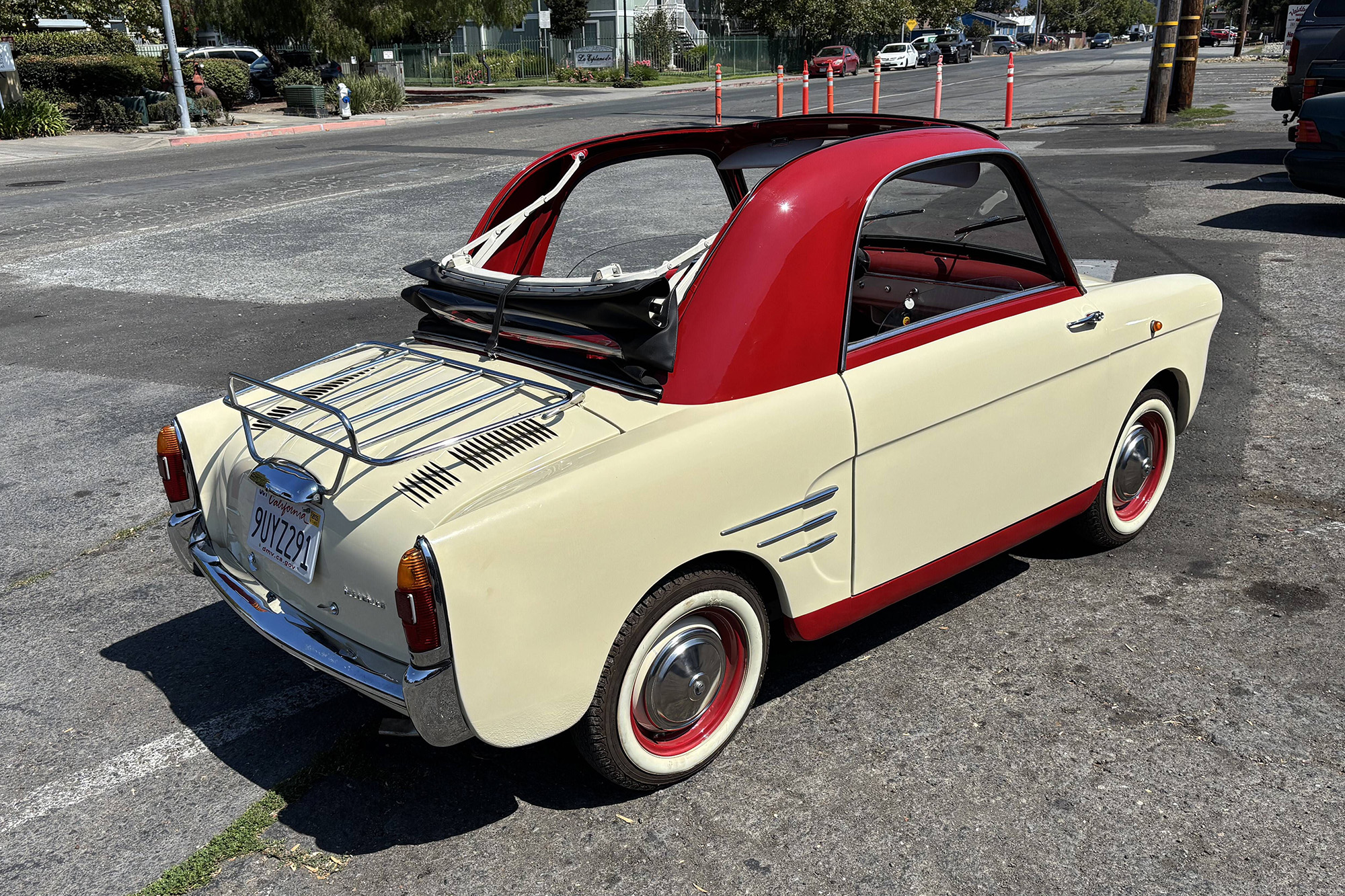 1958 Autobianchi Bianchina Transformabile , cream and red, rear quarter, top open