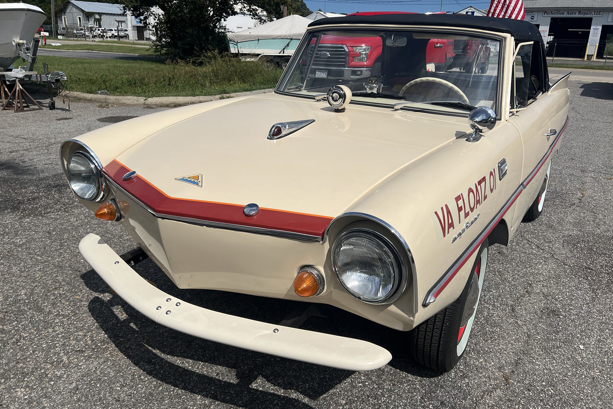 1964 Amphicar Model 770, cream with a black top, front quarter, top up
