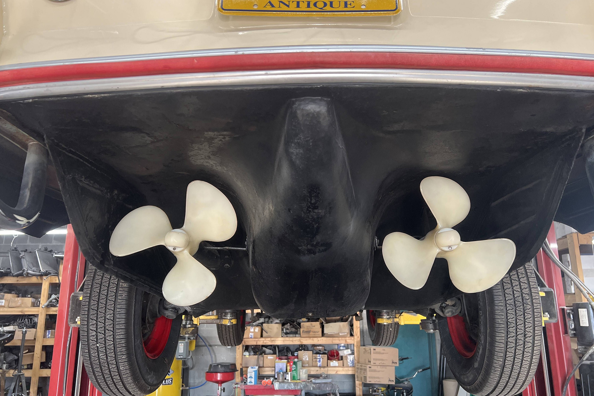 1964 Amphicar Model 770, underside photo showing the twin props at the back end