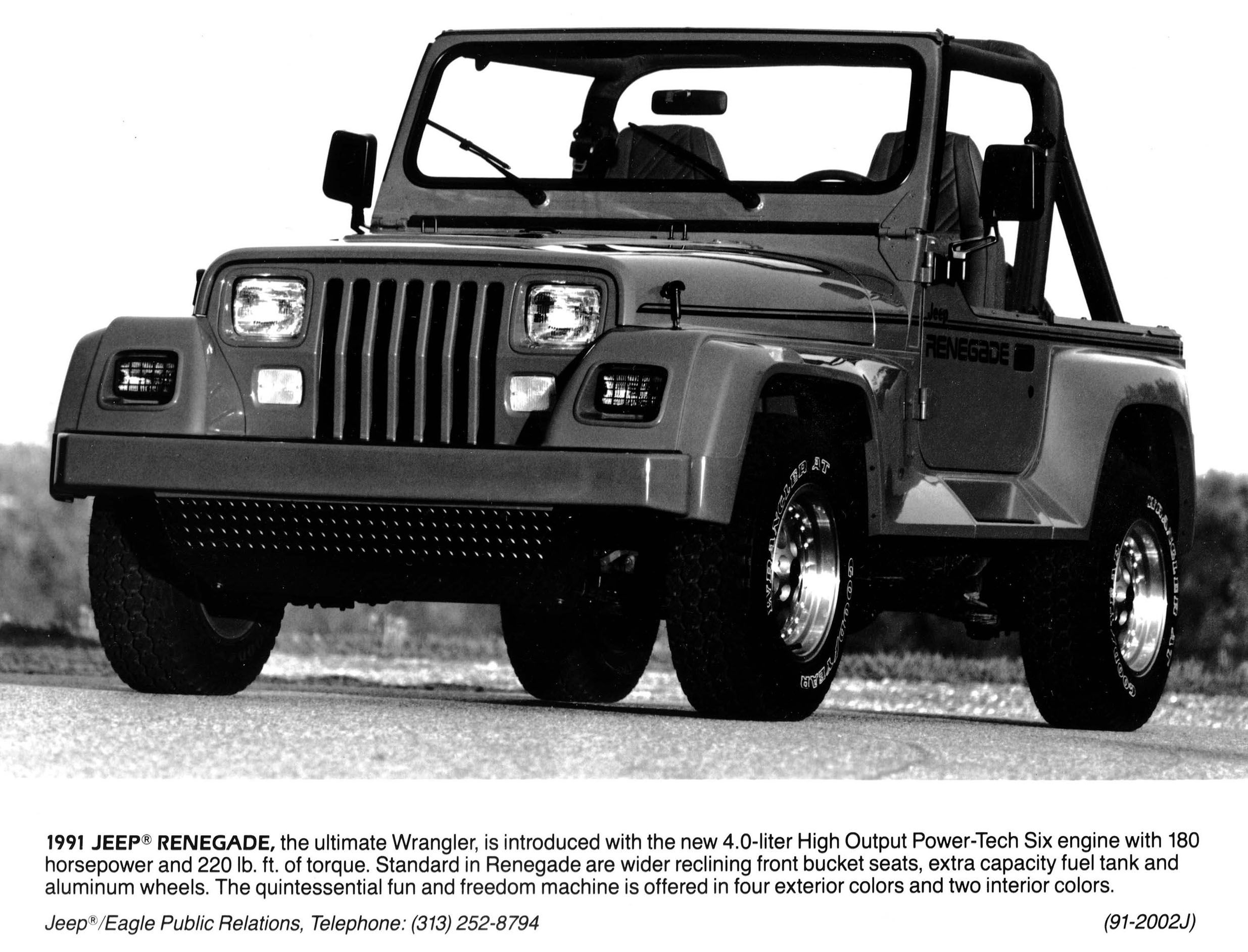 1991 Jeep Wrangler Renegade front quarter black and white PR photo