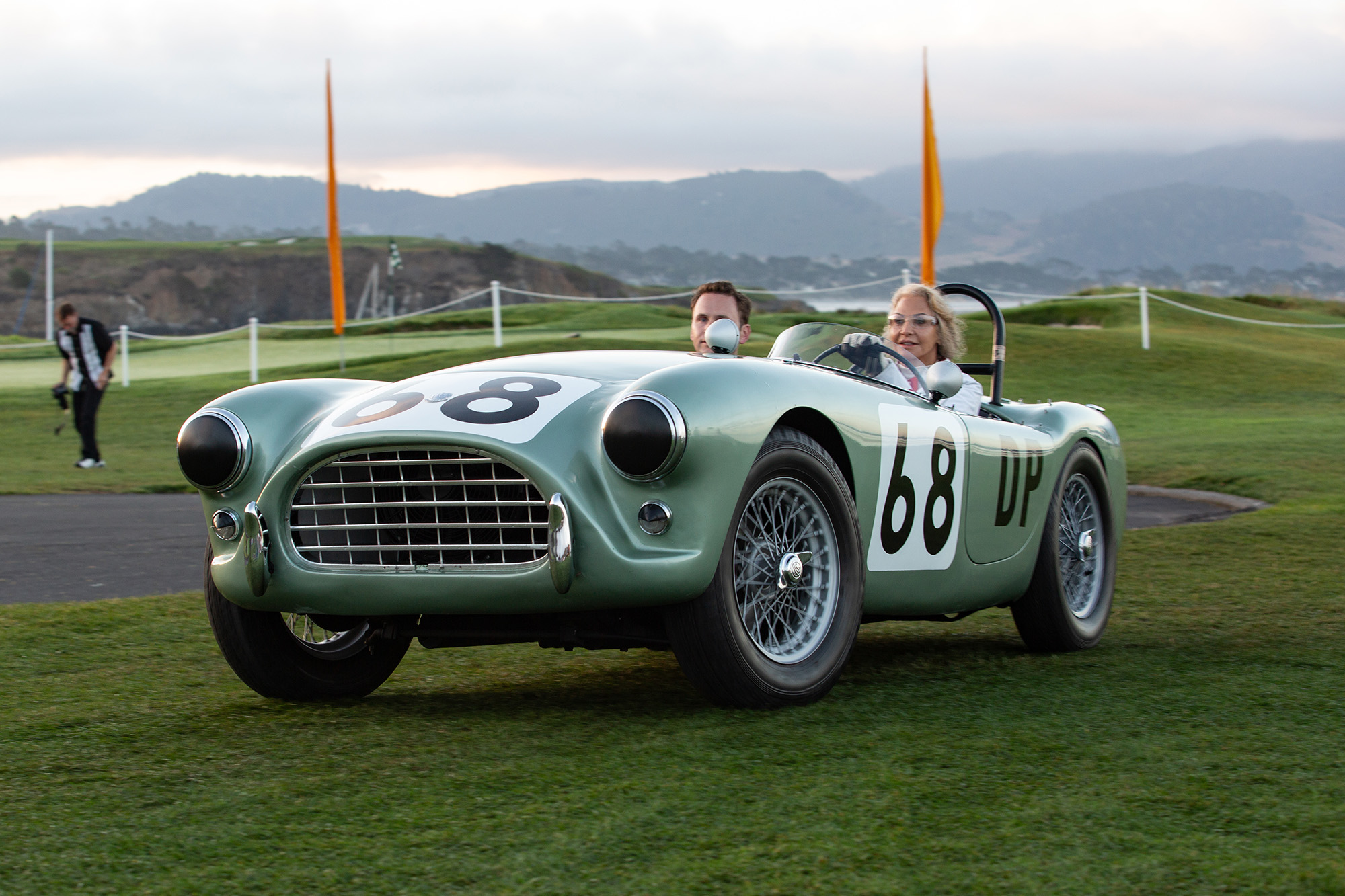 1962 AC Ace Bristol, front quarter, Vineyard Green, race car, Pebble Beach Concours