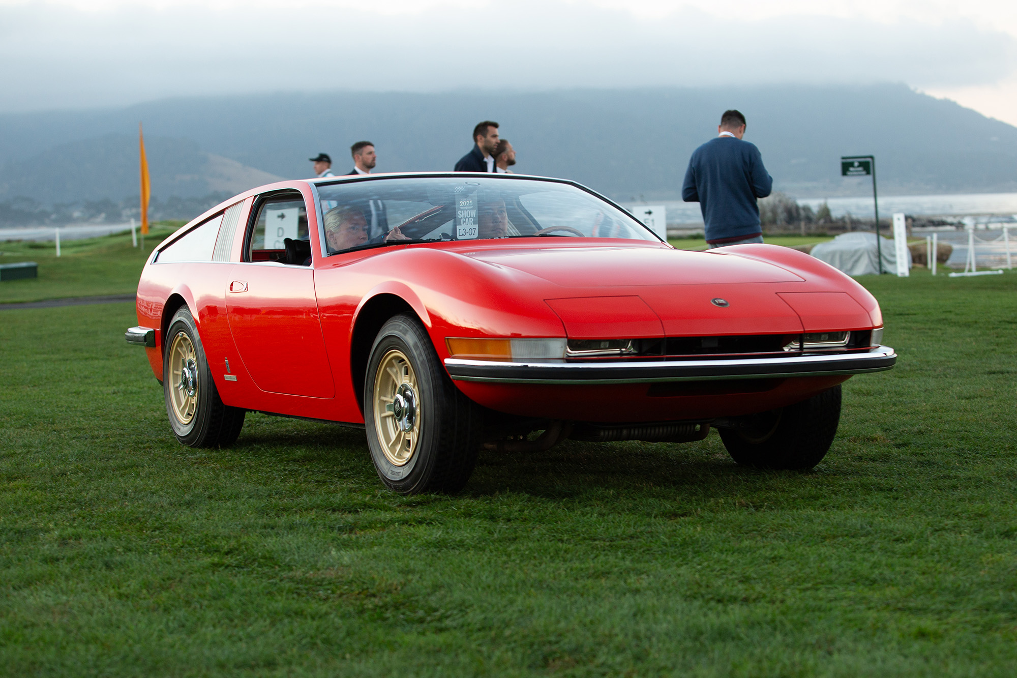1968 Fiat Dino Berlinetta Aerodinamica, front quarter, driving on the show field at Pebble Beach concours