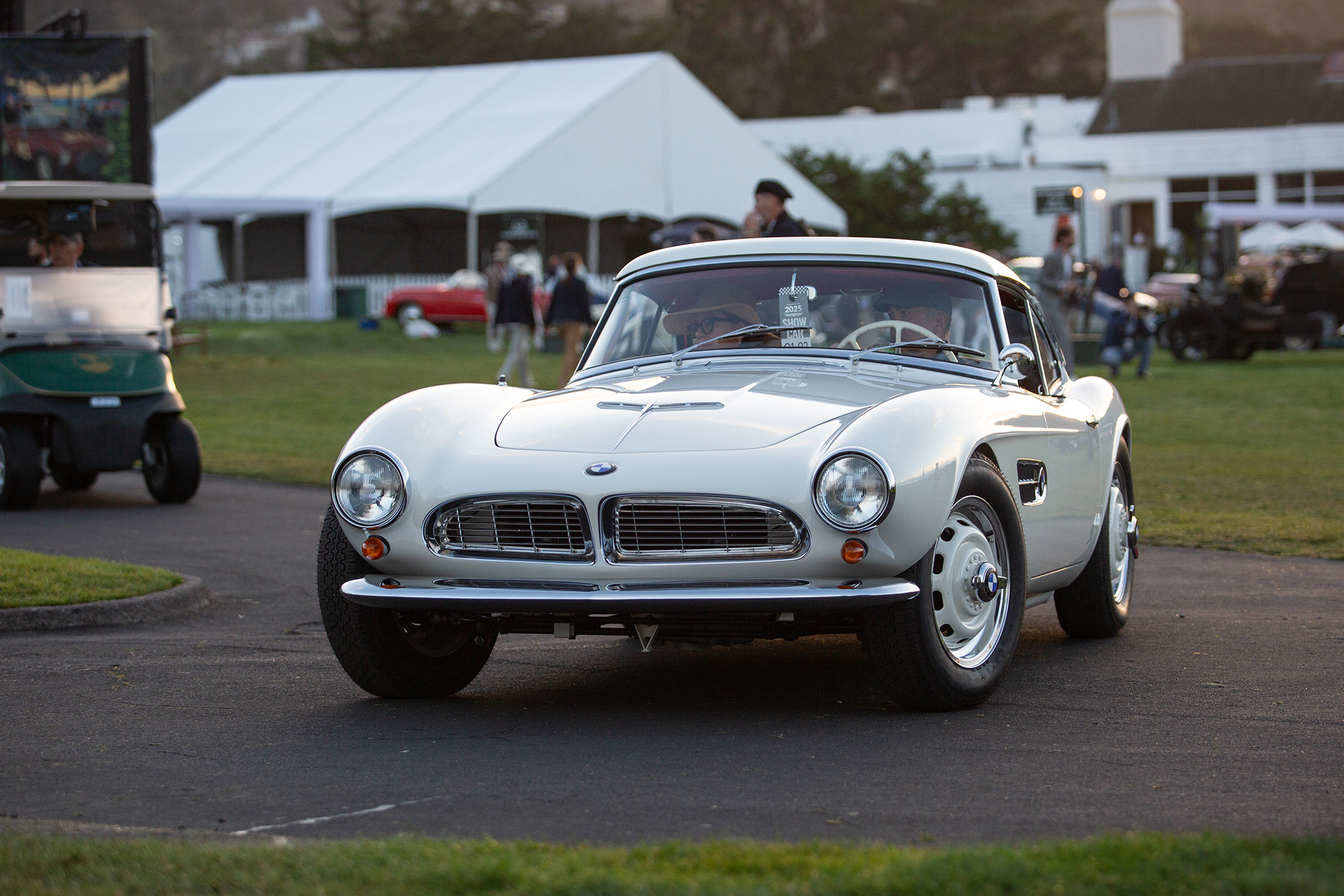 1957 BMW 507, front quarter, on pavement entering the Pebble Beach Concours show field