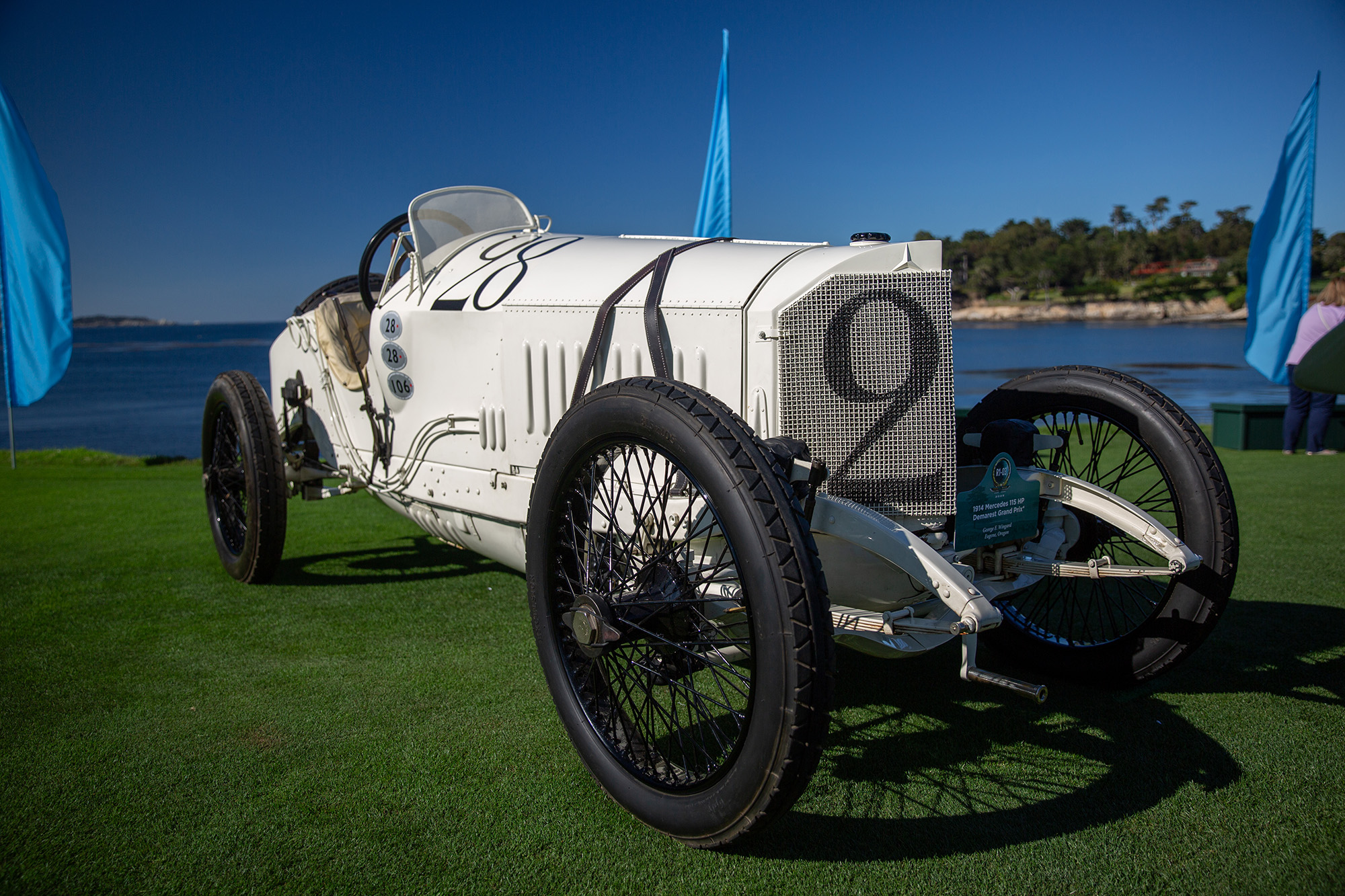 1914 Mercedes 115 HP Grand Prix, front quarter, on the grass at Pebble Beach Concours