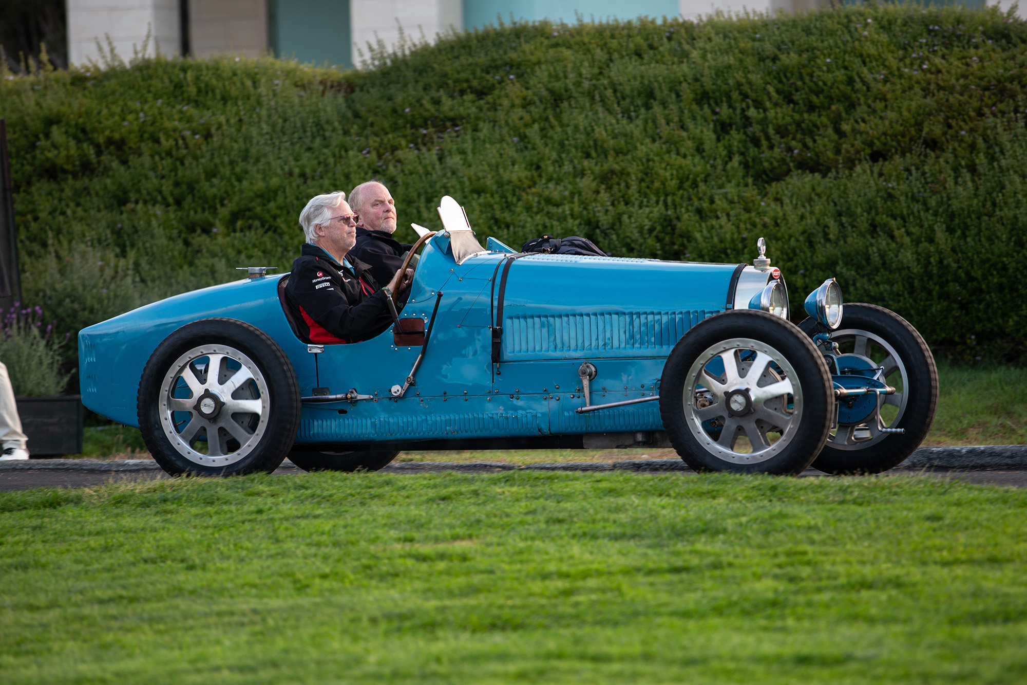 1925 Bugatti Type 35, side view, on the paved path about to enter the Pebble Beach Concours