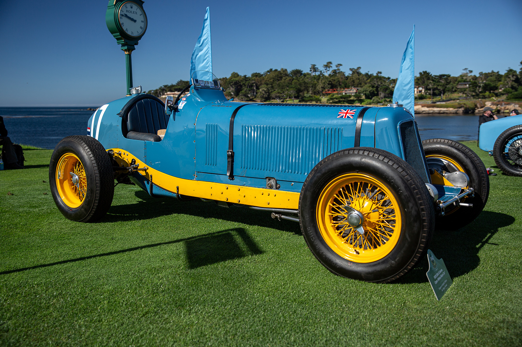 1935 ERA B Series, front quarter, yellow and blue, parked on grass