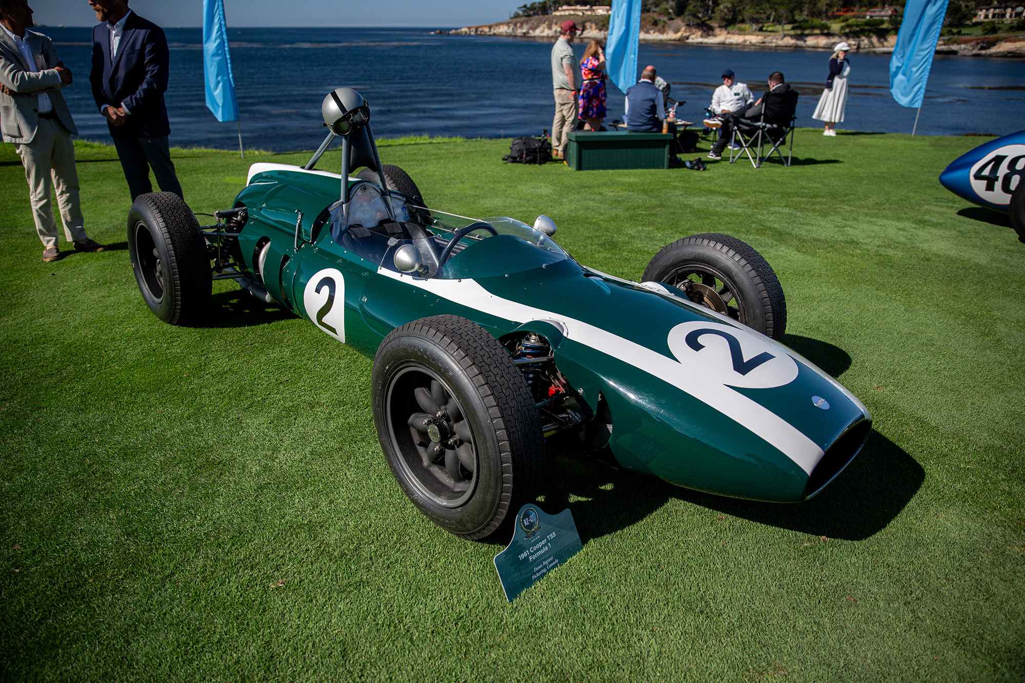 1961 Cooper T55, front quarter, on the show field at Pebble Beach with the ocean view behind it