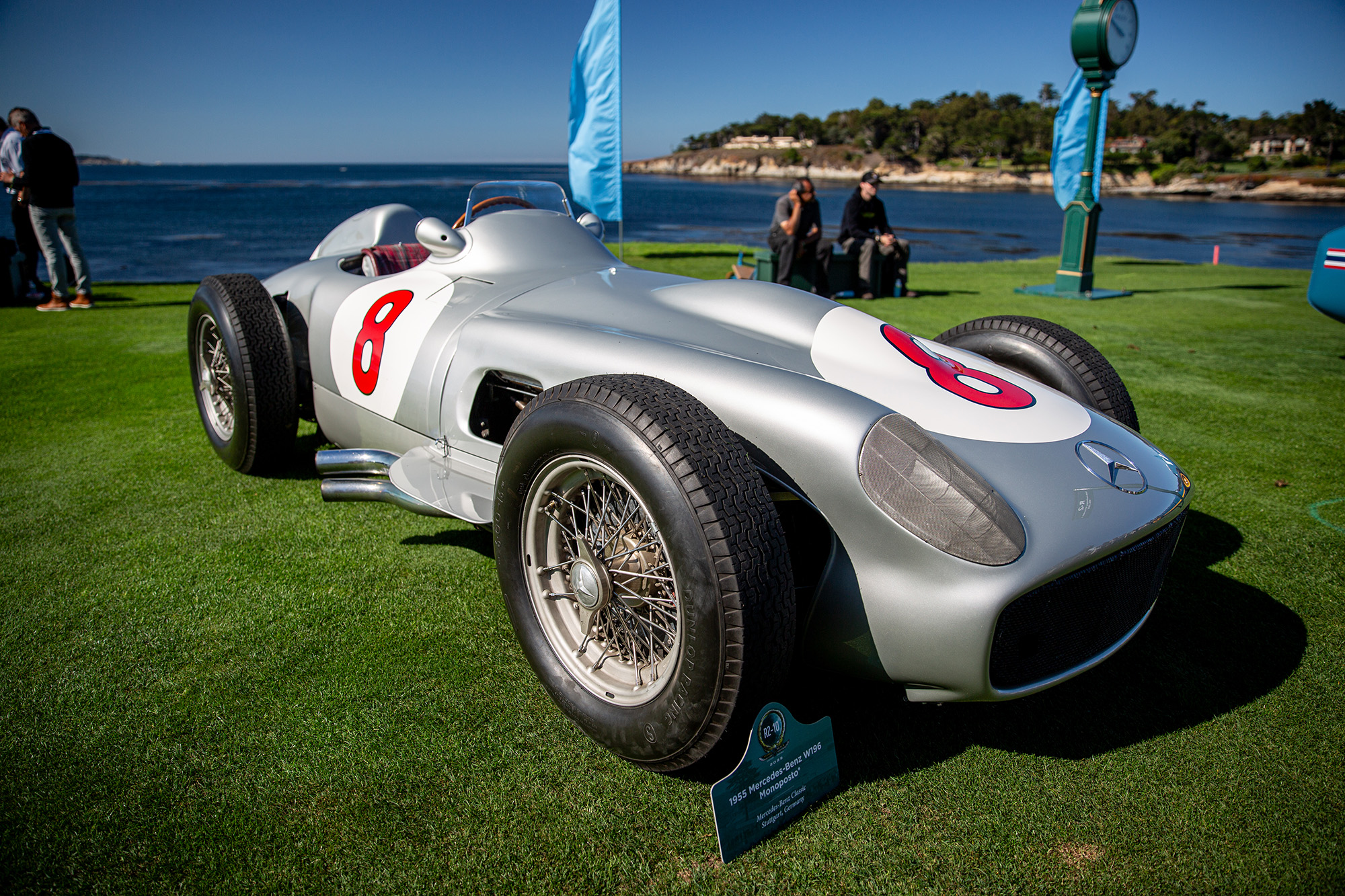 1955 Mercedes-Benz W196 R Formula 1, front quarter, on the lawn at Pebble Beach with the ocean in the background